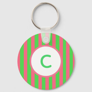 Porte-clés monogramme à rayures roses et vertes