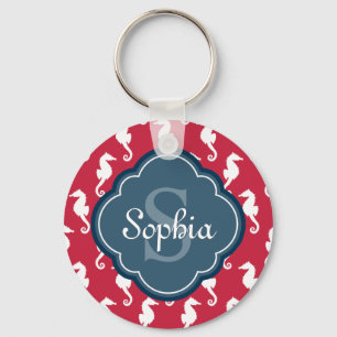 Porte-clés Monogramme bleu Motif de cheval rouge unique