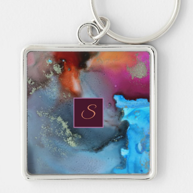 Porte-clés Monogramme bleu orange rouge Abstrait des vagues (Devant)