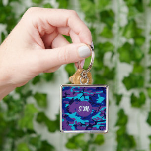 Porte-clés Monogramme Camouflage bleu foncé et Motif violet
