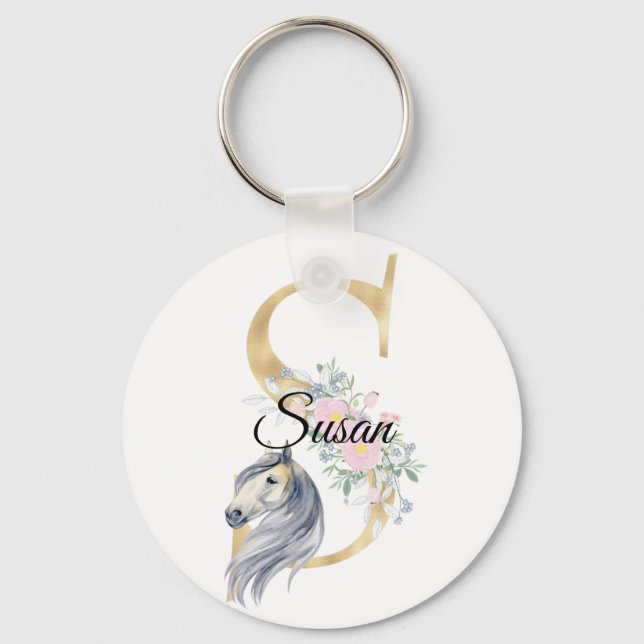 Porte-clés Monogramme cheval mignon floral girly équestre nom (Recto)