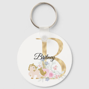 Porte-clés Monogramme cheval mignon floral girly équestre nom