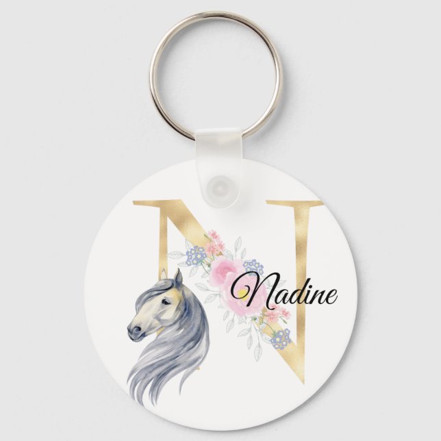 Porte-clés Monogramme cheval mignon floral girly nom équestre (Recto)