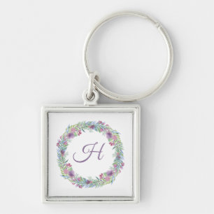 Porte-clés Monogramme Couronne Florale Couleurs Pastel