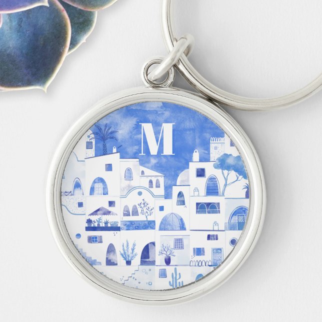 Porte-clés Monogramme d'aquarelle de Santorin Grèce (Monogram initial blue and white watercolor Oia Santorini keyring)
