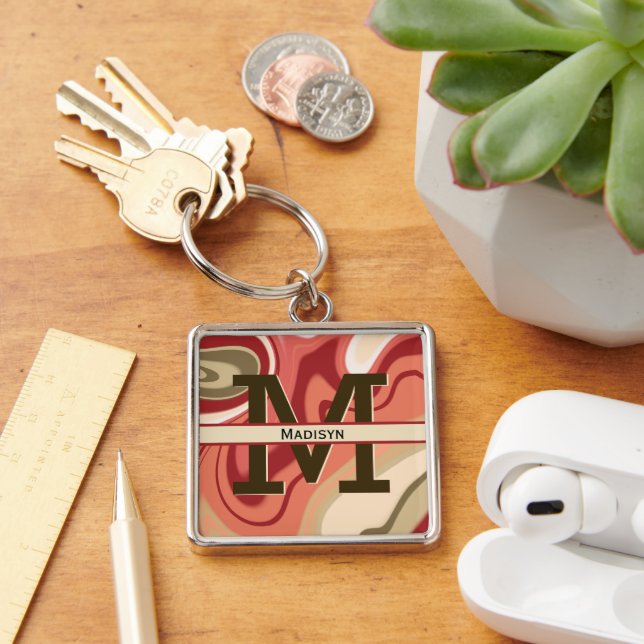 Porte-clés Monogramme de crème verte rouge moderne Nom initia (Bureau)