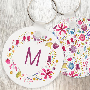 Porte-clés Monogramme de fleurs d'aquarelle moderne