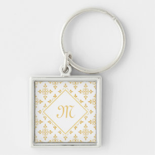 Porte-clés Monogramme de luxe Blanc et or Quatre Floral