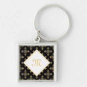 Porte-clés Monogramme de luxe Noir et Or Quatre Floral