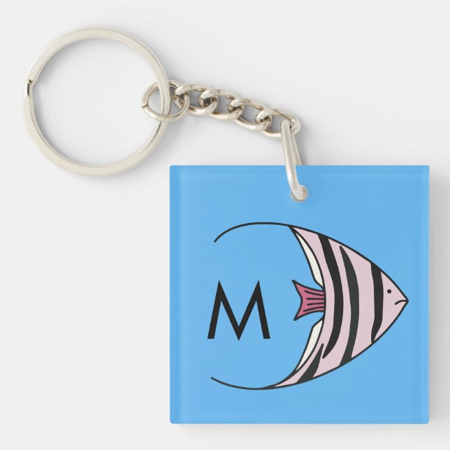 Porte-clés monogramme de motif de poisson bleu (Devant)