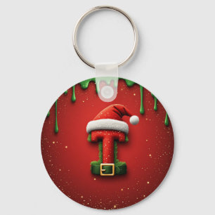 Porte-clés Monogramme de Noël T avec chapeau de Père Noël Cad