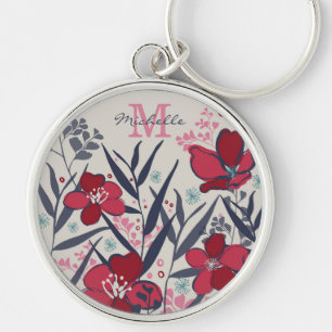 Porte-clés Monogramme de nom floral rouge et rose