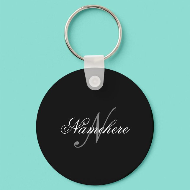 Porte-clés Monogramme de nom noir et blanc personnalisé uniqu (Créateur téléchargé)