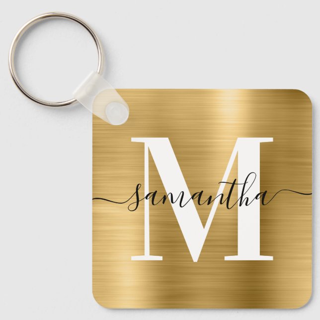 Porte-clés Monogramme de signature moderne feuille d'or (Recto)