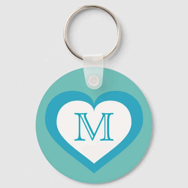 Porte-clés Monogramme du coeur Turquoise et Blanc (Recto)