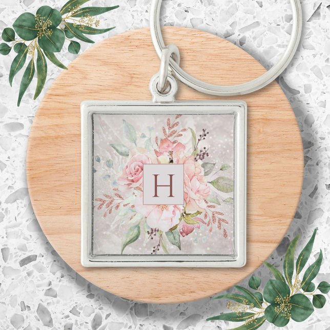 Porte-clés Monogramme Elégant rose Peony Floral Marbre (In situ)