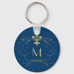 Porte-clés Monogramme Elégante Fleur de Lis Blue Gold