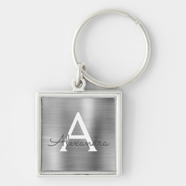 Porte-clés Monogramme en acier inoxydable faux argent de luxe (Devant)