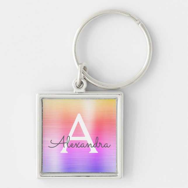 Porte-clés Monogramme en acier inoxydable faux rose et violet (Devant)