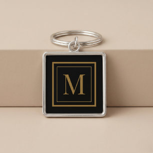 Porte-clés Monogramme encadré noir et or personnalisé