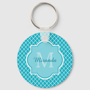Porte-clés Monogramme et nom de Quatrefoil bleu turquoise cla
