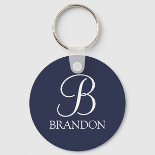 Porte-clés Monogramme et nom de script personnalisé bleu mari