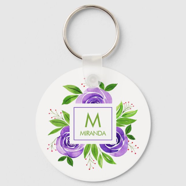 Porte-clés Monogramme et nom Floral Custom (Recto)