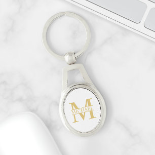 Porte-clés Monogramme et nom personnalisés blanc et or