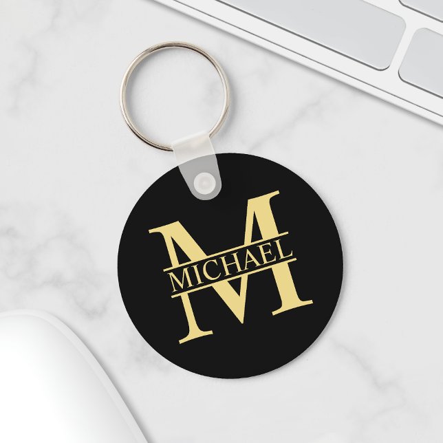 Porte-clés Monogramme et nom personnalisés noir et or (Créateur téléchargé)