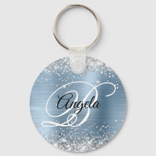 Porte-clés Monogramme fantaisie en paillettes d'argent sur fo