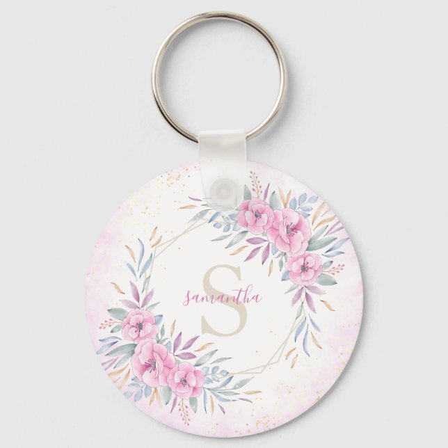 Porte-clés Monogramme Fleurs rose pâle Aquarelle Élégante (Recto)