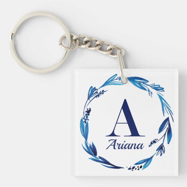 Porte-clés Monogramme floral bleu 'A' (Devant)
