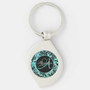 Porte-clés Monogramme floral bleu turquoise et noir