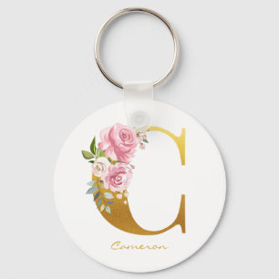 Porte-clés Monogramme floral faux or nom initial personnalise