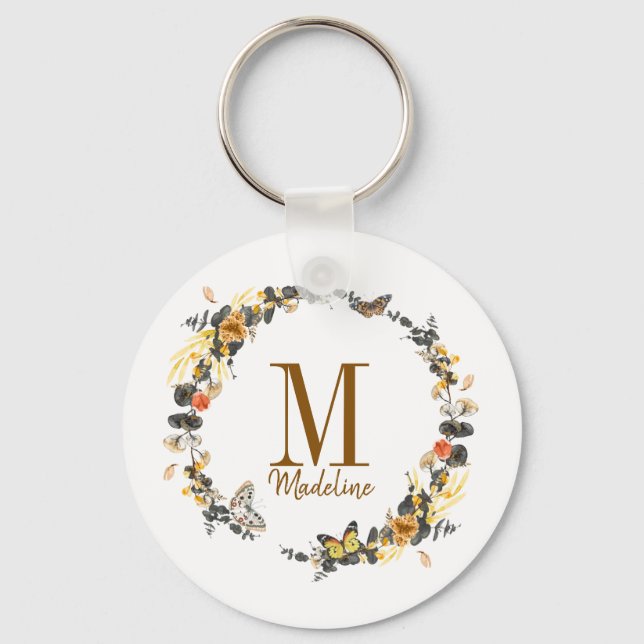 Porte-clés Monogramme floral personnalisé Chute dorée (Recto)