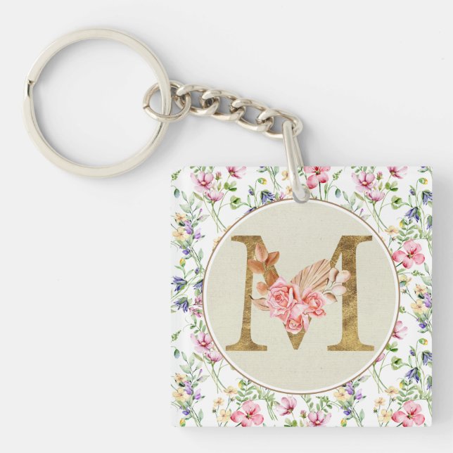 Porte-clés Monogramme floral personnalisé, de A à Z (Devant)