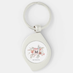 Porte-clés Monogramme floral rose pâle élégant