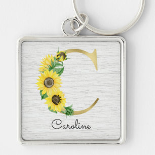 Porte-clés Monogramme Gold Sunflower Girl Floral Initial C