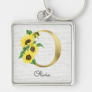 Porte-clés Monogramme Gold tournesol Girl Floral Initiale O