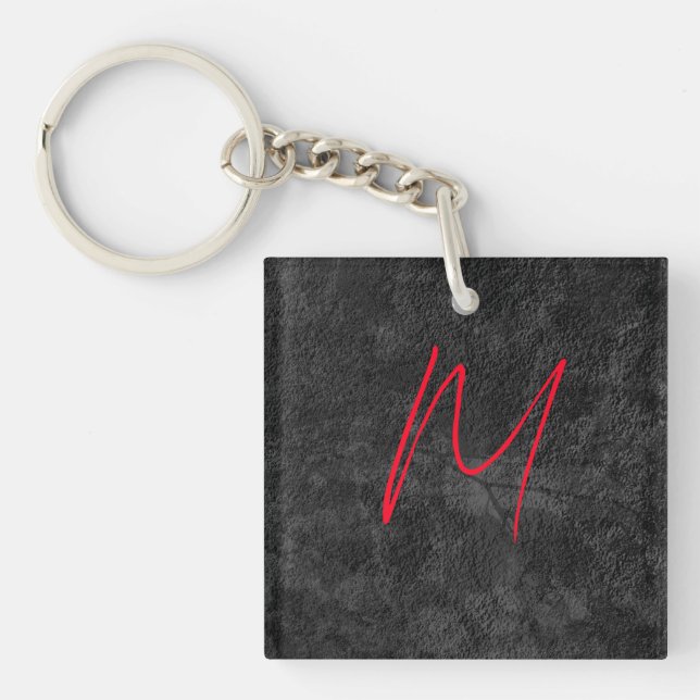 Porte-clés monogramme gris unique nom rouge calligraphie init (Devant)