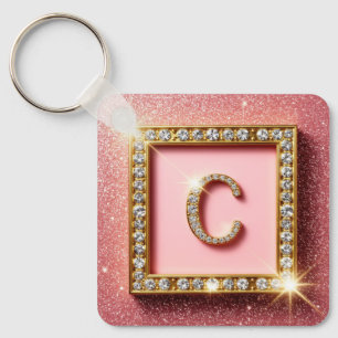 Porte-clés Monogramme initial C diamant pailleté rose cadre o