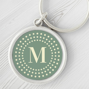 Porte-clés Monogramme initial de points radiaux rétro sauge v
