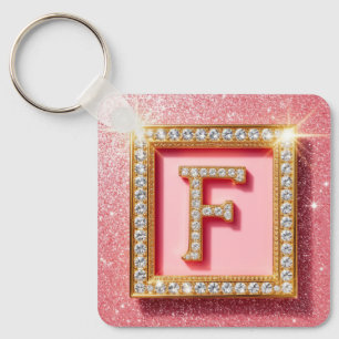 Porte-clés Monogramme initial F diamant pailleté rose cadre o