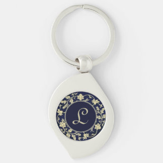 Porte-clés Monogramme Initial Floral Bleu Élégant Vintage