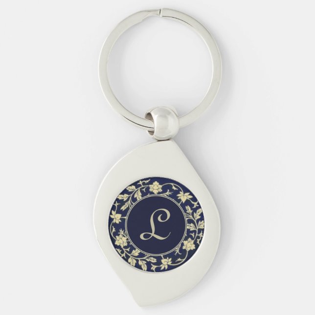 Porte-clés Monogramme Initial Floral Bleu Élégant Vintage (Devant)