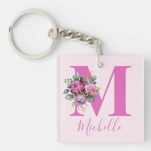 Porte-clés Monogramme Initial Nom Fleurs Aquarelle Rose