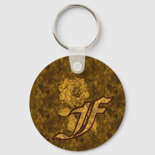 Porte-clés Monogramme Initiale F Fleur de Pivoine en Or