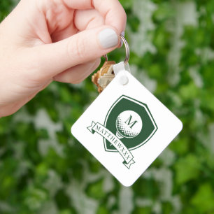 Porte-clés Monogramme Initiale Moderne Vert et Blanc Nom Golf