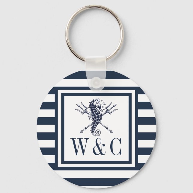 Porte-clés Monogramme marin Bleu Bleu rayé Nautique (Recto)