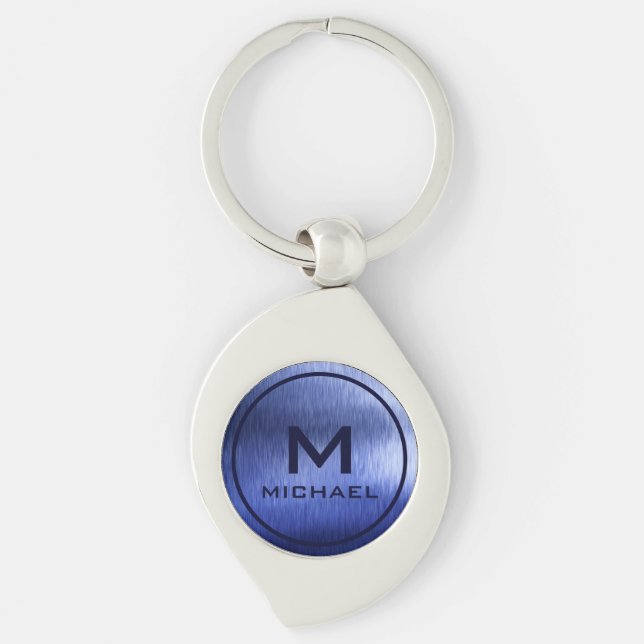 Porte-clés Monogramme Métallurgique Bleu Texturé Nom personna (Devant)